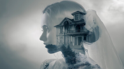 Surreal double exposure of the ghostly bride in the haunted mansion