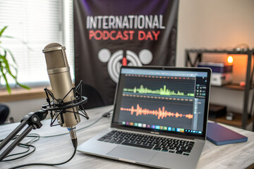 A professional home studio setup for International Podcast Day, featuring a condenser microphone and a laptop with audio waveform editing software generative ai