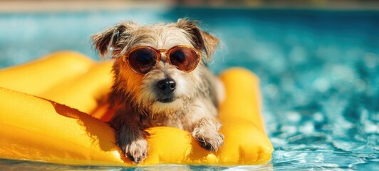 The dog on a yellow pool float wearing sunglasses enjoying a sunny summer day