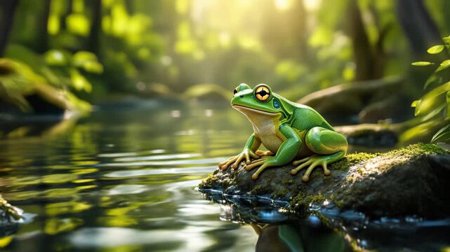 숲속 물가 돌위의 개구리 한마리