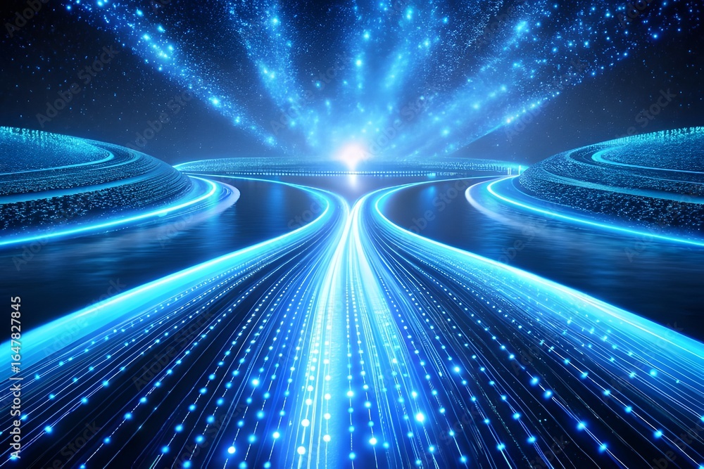 Poster abstract blue digital data stream with glowing lights, representing fast internet connection and fut