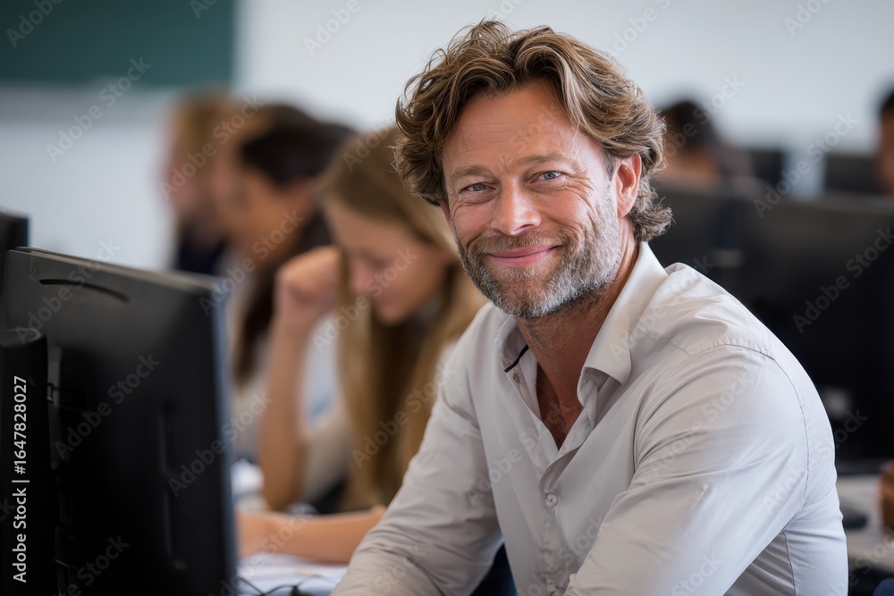 Poster handsome mature teacher interacts with students in a computer lab while promoting an engaging learni