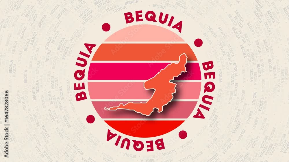 Poster bequia logo intro. badge with the circular name and map of island. attractive bequia round logo anim