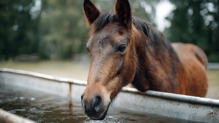 Horse drinking water from a metal trough on a rural farm