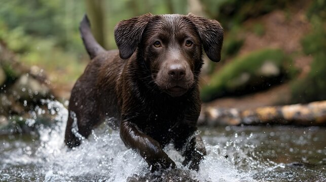 Playful chocolate Labrador puppy splashing in a forest stream
