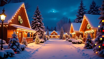 Enchanting snowy village illuminated by twinkling christmas lights