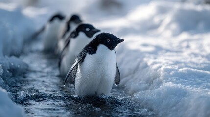 Obraz premium Penguins navigating through the icy polar stream