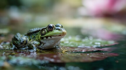 Obraz premium Frog resting on a lily pad in a peaceful pond
