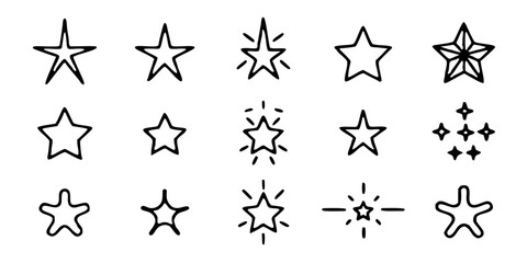 Collection of hand drawn star shapes isolated on white background a versatile set of graphic elements for design projects, featuring various styles and outlines for decoration and awards