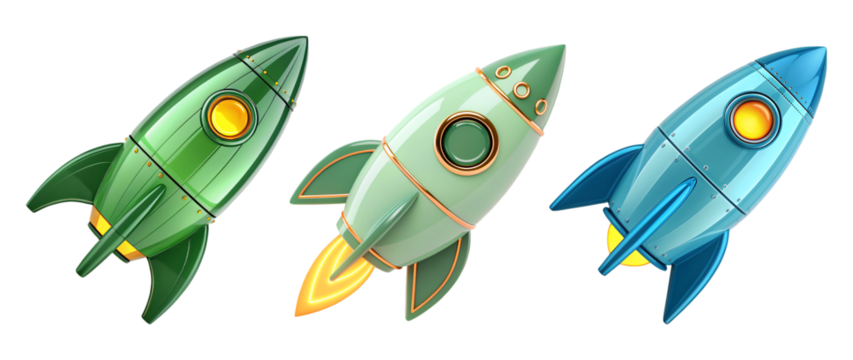 Three retro rockets launching into space green light blue colors