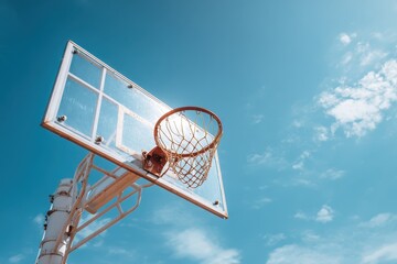 Glass basketball backboard against a bright blue sky highlighting the vibrant atmosphere of outdoor sports activities