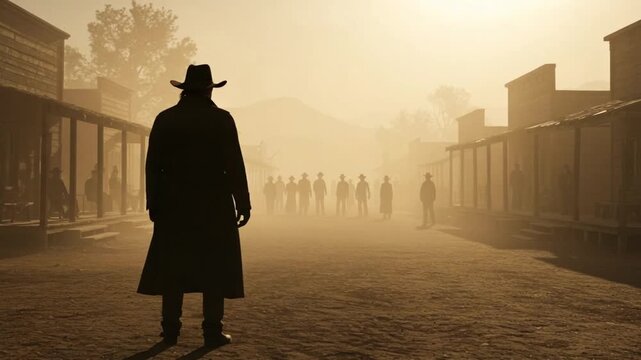 Lone cowboy in dusty old western town street