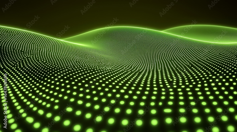 Poster digital landscape with glowing green dots creating wave like pattern, evoking sense of depth and mov