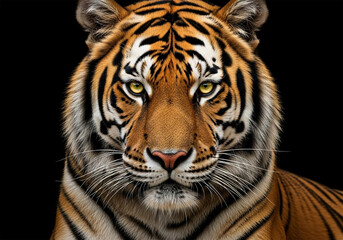 Naklejka premium A close-up portrait of a tiger. The tiger is centered in the image, facing directly forward and looking directly at the viewer