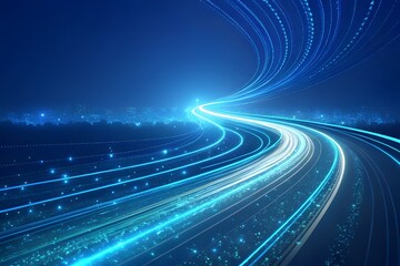Abstract blue light trails curving on a dark road, representing speed, data transfer, and futuristic travel in a digital city