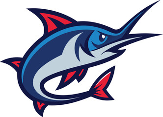 Aggressive blue marlin mascot with red accents