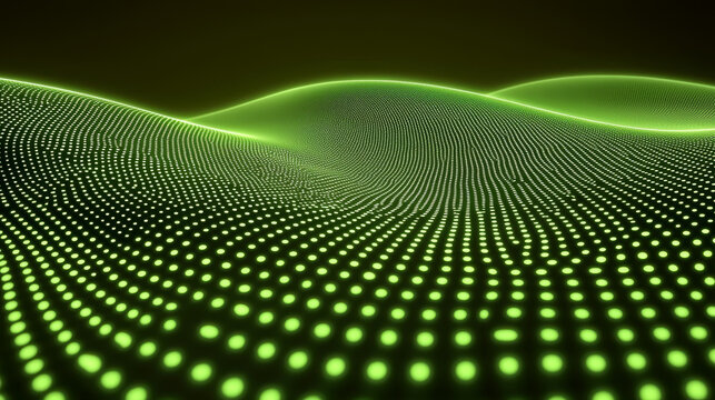 Digital landscape with glowing green dots creating wave like pattern, evoking sense of depth and movement in futuristic environment. vibrant colors enhance visual appeal