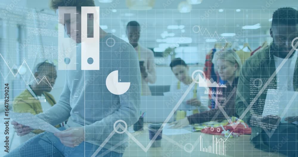 Poster designer viewing designs as cloud icons appearing on laptop morphing charts into dashboard insight
