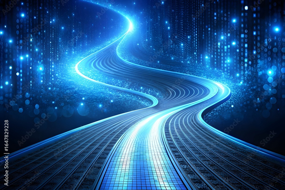 Poster abstract blue digital road or pathway with glowing lights and particles, representing futuristic tec