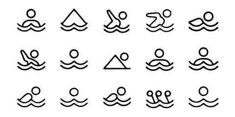 Naklejka premium Collection of simple swimming icons isolated on white background a variety of minimalist line drawings depicting swimmers in different poses and styles for water sports