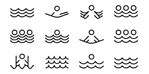 Fototapeta premium Collection of minimalist swimming icons isolated on white background depicting various swimming styles, water movements, and human figures in water, ideal for sports and recreation designs