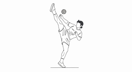 Sepak Takraw Player Kicking Ball in Action, Line Art