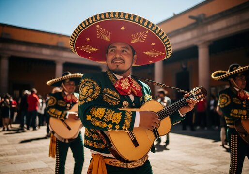 Smiling Mariachi musician playing guitar outdoors in traditional charro suit and red sombrero with band members