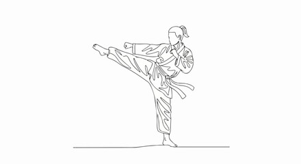 Karate Female Athlete Executing a High Kick, Line Art Illustration