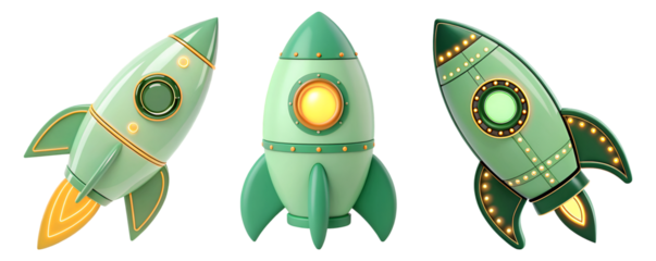 Three Green Retro Rockets Ready for Launch Space Exploration Adventure