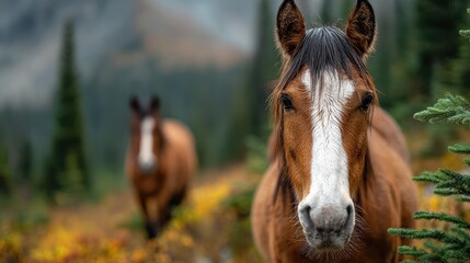 Horses grazing in a vibrant mountain meadow during a foggy morning in nature