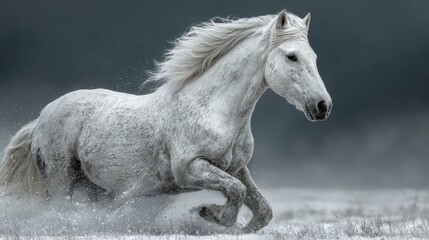 Majestic white horse galloping through a misty field during dawn in soft light