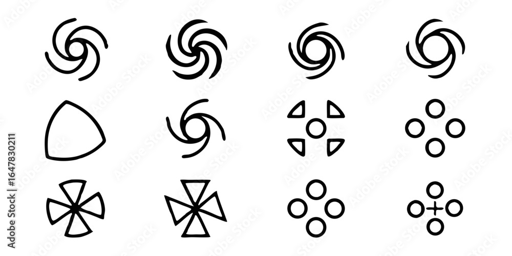 Poster collection of abstract swirl shapes isolated on white background for creative design projects, offer