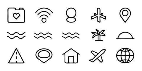 Collection of travel and tourism icons isolated on white background featuring folder, wifi, person, airplane, location pin, wave, palm tree, sunset, road, house, and globe