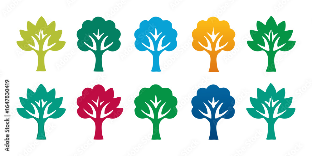Poster colorful tree icons a diverse collection of trees in various colors representing different seasons a