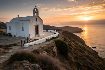 A small white church with a steeple sits on a cliff overlooking the sea at sunset with golden light