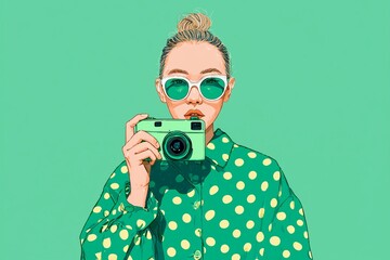 A playful illustration of a woman in a green polka dot shirt and sunglasses holding a camera, perfect for social media or advertising use, ideal for advertising, marketing, website backgrounds