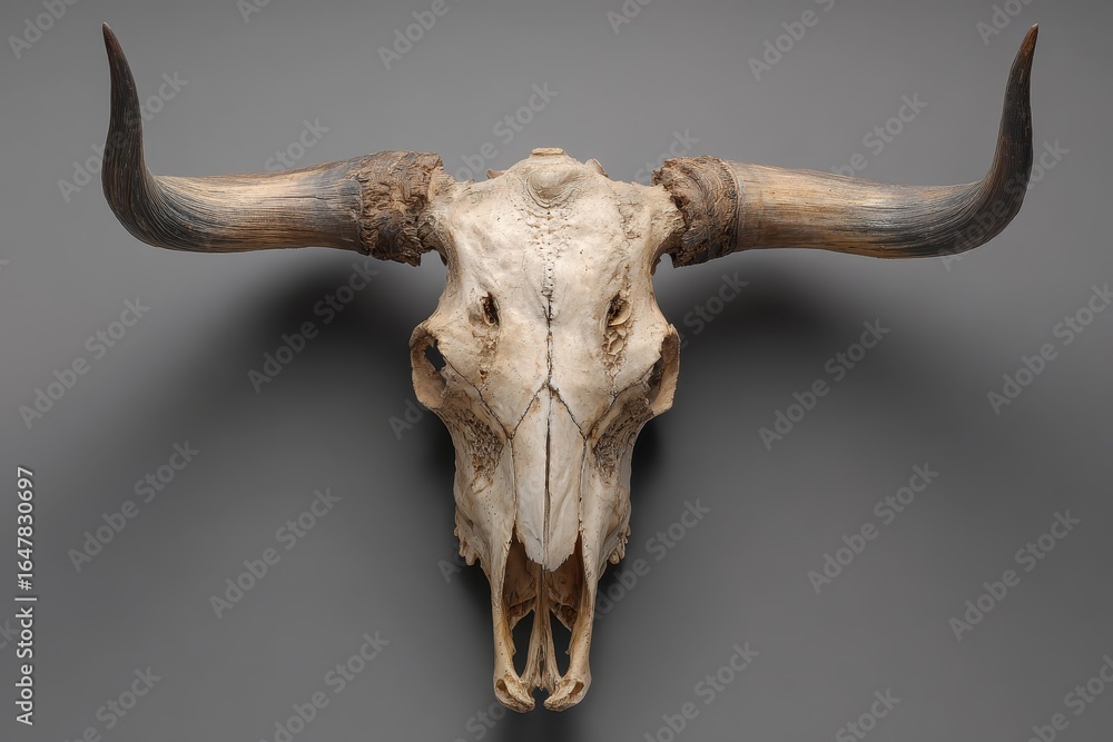 Poster unique bull skull with curved horns displayed against a textured background highlighting its intrica