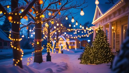 Fototapeta premium Magical winter evening with festive christmas lights and snowy scene