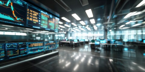 Abstract blur background of stock market interior background with futuristic finance technology. dynamic trading room displaying financial data on large screens, creating professional atmosphere