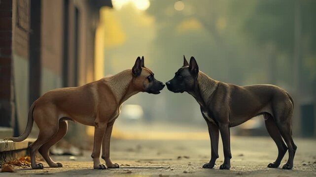 Two dogs standing side by side, possibly friends or companions