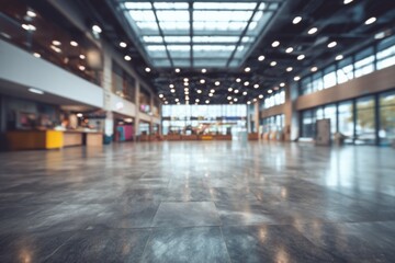 Fototapeta premium Blurred modern spacious lobby interior background witha calm, serene feeling. An empty hall in a large building with bright light, shiny floor reflection, and blur effect