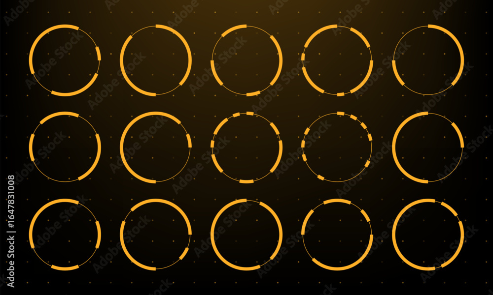 Poster Fifteen orange circular hud vector graphics elements on black background for user interface and futuristic design interface.
