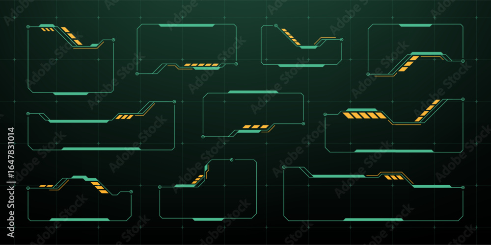 Poster Set of modern head up display callouts. HUD futuristic user interface elements on grid pattern background. Digital game information frame.