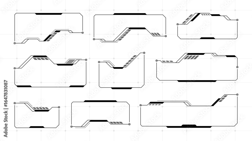 Poster hud vector frames and screen graphic elements for data interface. technology display panel or sci fi