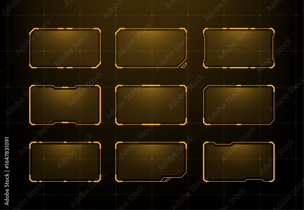 Aufkleber group of nine hud frames in golden vector graphics on a dark grid backdrop. futuristic interface for