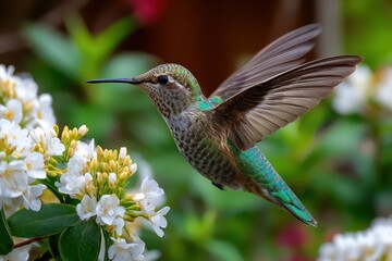 Fototapeta premium Hummingbird gracefully feeding on vibrant flowers in a lush garden setting during warm afternoon light