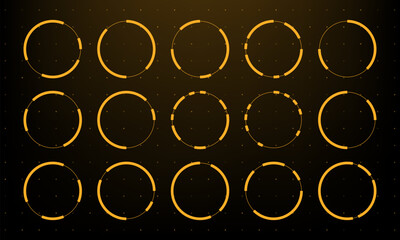 Fifteen orange circular hud vector graphics elements on black background for user interface and futuristic design interface.