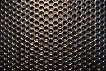 Close-up view of metallic mesh part on a microphone loudspeaker showcasing intricate design and textured surface for audio technology
