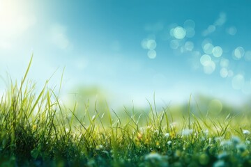 Fototapeta premium Sunny spring meadow filled with green grass, delicate flowers, and bright blue sky enhancing the beauty of nature in a peaceful outdoor setting