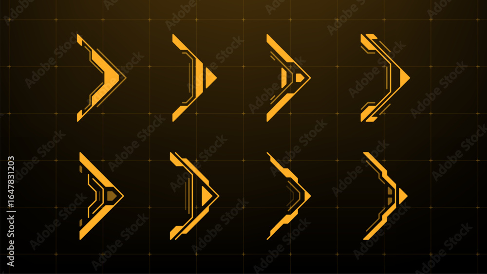 Poster set of orange hud arrows, vector graphic elements. futuristic user interface component for virtual r